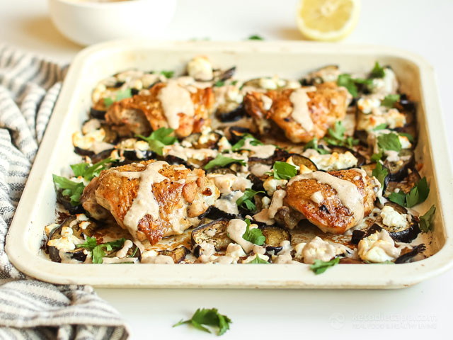 Tahini Chicken Eggplant Tray Bake